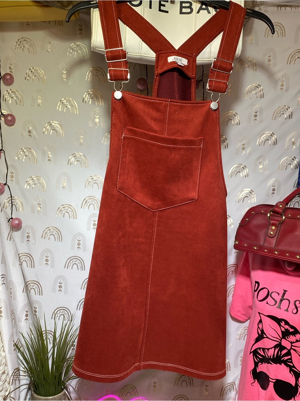 AUW Rust Red Suede Midi Pinafore Dress
